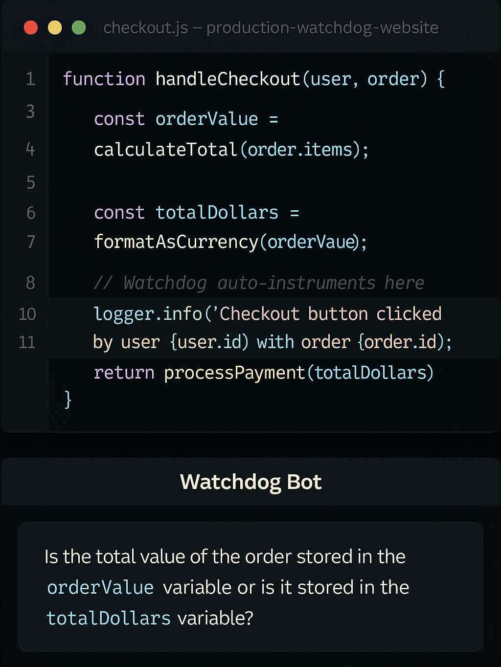 A VS Code window showing auto-instrumentation code, with a bot asking a clarifying question.