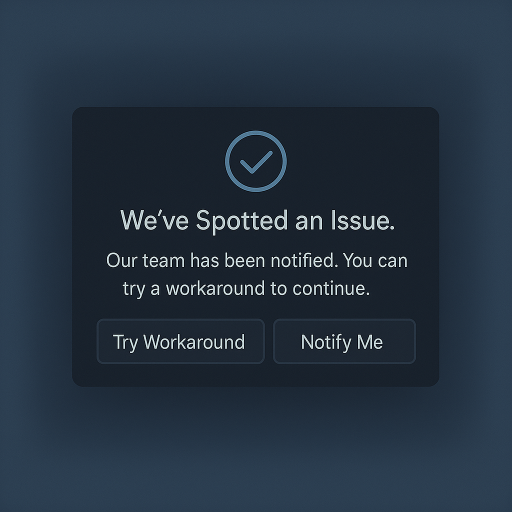 A calm popup modal providing recovery guidance to a user after an error.